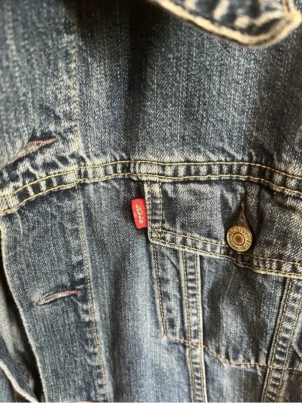 Vtg 92 Levi’s Made in USA 70529 Trucker Jacket Leather Patch Black Metal Art L - Picture 13 of 14